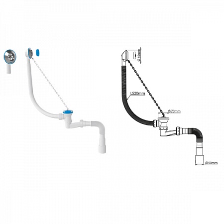 V152-1 Сифон для ванны 1 1/2&quot; нерегулируемый с гибкой трубой 40/50 пластик.цепочка