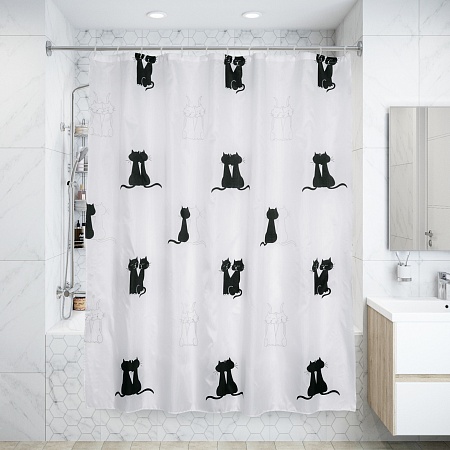 Шторы для ванной комнаты MIRANDA 180х200см BLACK CATS, полиэстер, белая