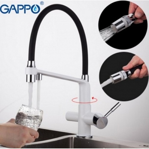 Смеситель для кухни GAPPO G 4398-9 с подключ.фильтра питьев. воды, отдельн. переключ. кнопка БЕЛЫЙ